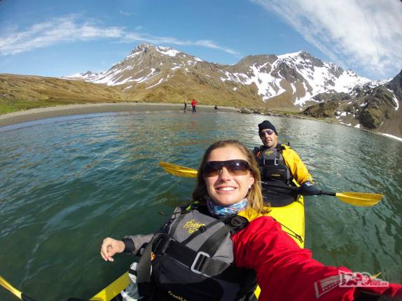 Selfie no nosso caiaque em Ocean Harbour, na Geórgia do Sul